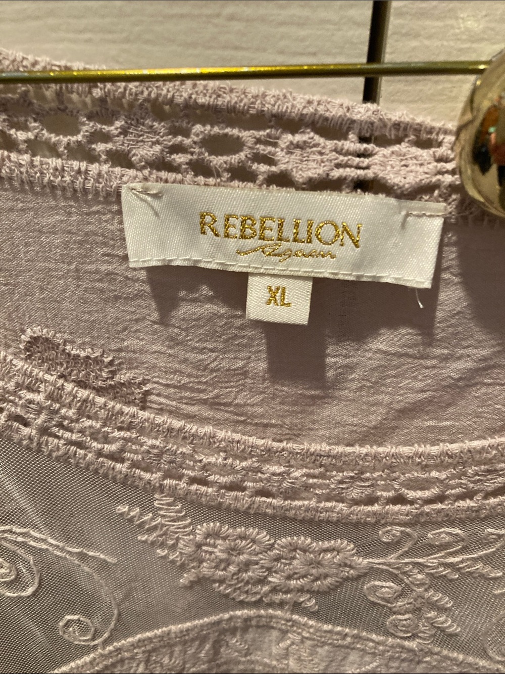Rebellion Mocha tan Embroidered Crochet-Trim Blouse - Picture 2 of 7